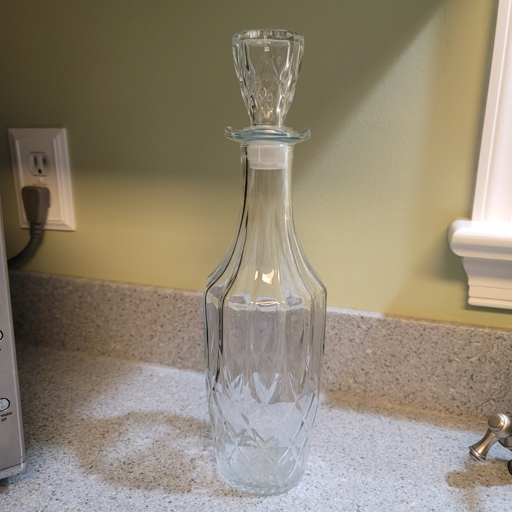Vintage Clear Pressed Glass Diamond Decanter Wine or Whiskey 14"H with Stopper